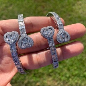 18k White Gold Plated Women’s Men’s Baguette Iced Link Heart Bracelet Bangle 5mm